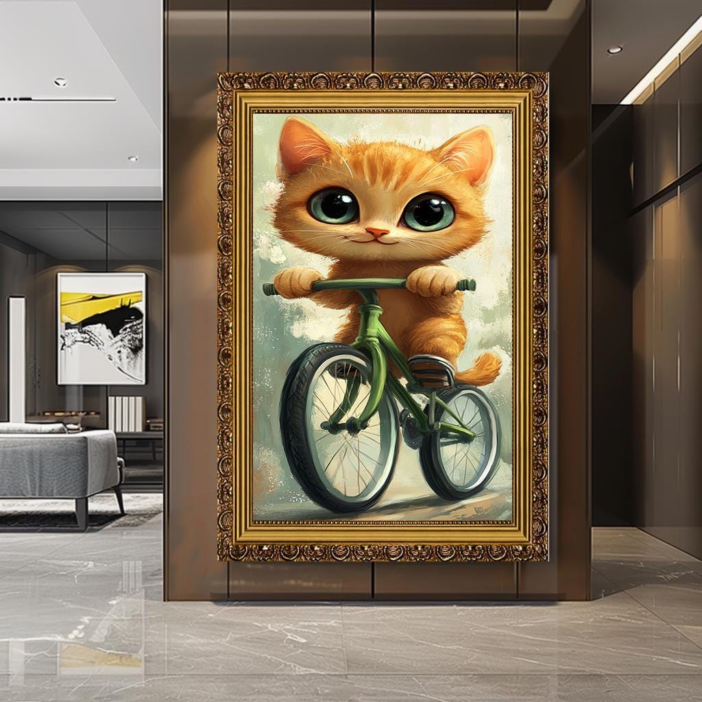 Cute Cat on Bicycle Art Print, Whimsical Animal Illustration, Adorable