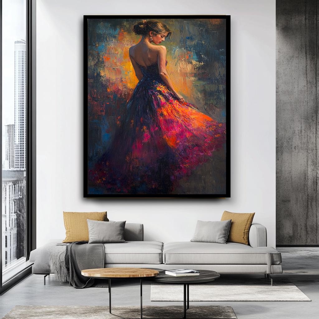 Woman in Flowing Dress Canvas Print, Vibrant Impressionist Painting, M