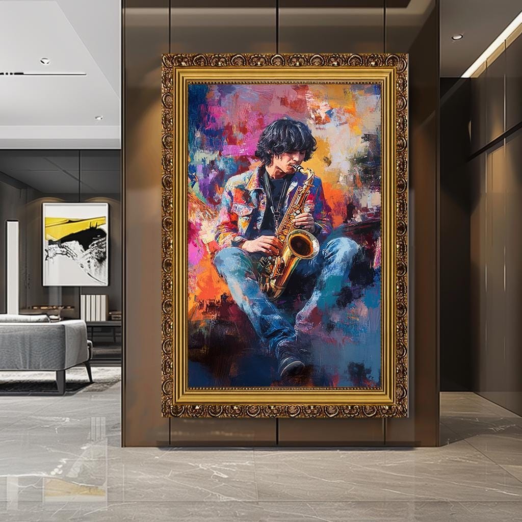 Colorful Saxophone Player Wall Art, Abstract Musician Canvas, Vibrant 