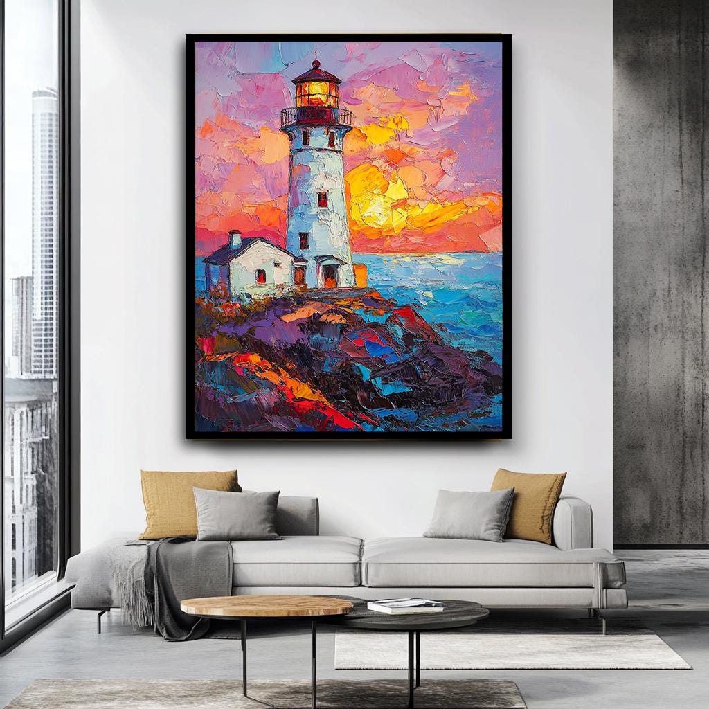 Canlı Deniz Feneri Kanvas Baskı, Renkli Gün Batımı Deniz Manzarası Resim, Oturma Odası için Dokulu Kıyı Duvar Sanatı, Cesur Okyanus Manzarası Dekoru