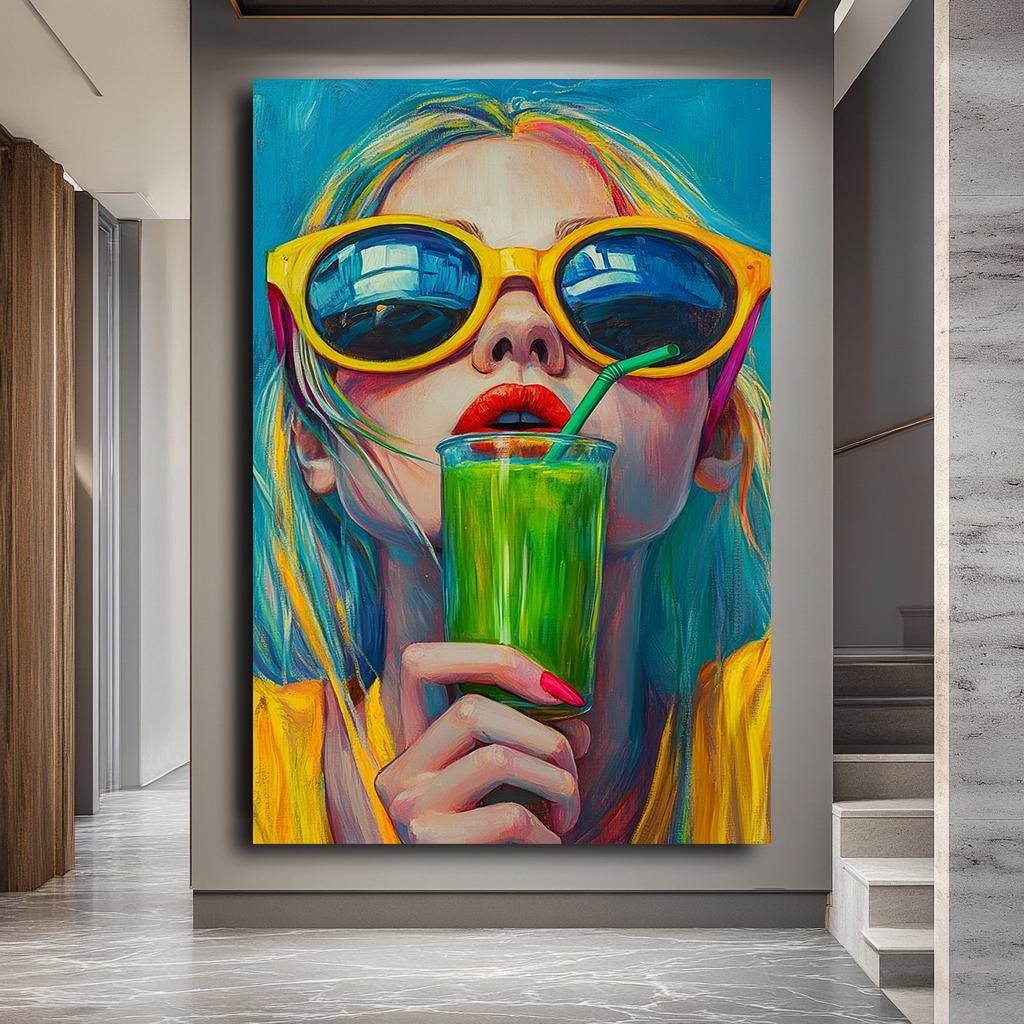 Vibrant Summer Woman with Green Smoothie Wall Art, Colorful Pop Art Ca
