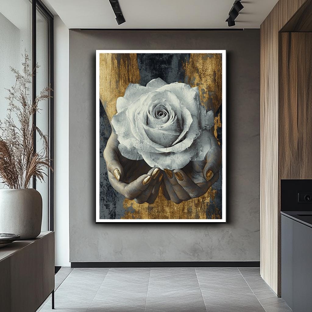 Elegant White Rose in Hands Wall Art, Gold and Gray Floral Canvas, Mod