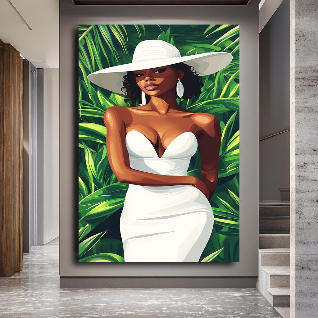 Elegant African Woman in White Dress Canvas Print, Bold Afrocentric Ar