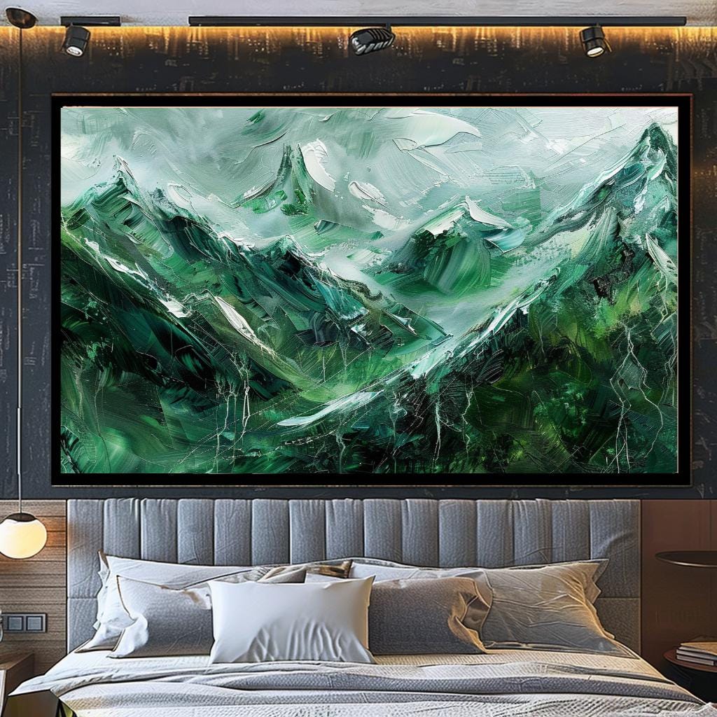 Large Canvas Print Mountain Landscape, Modern Abstract Wall Art, Green