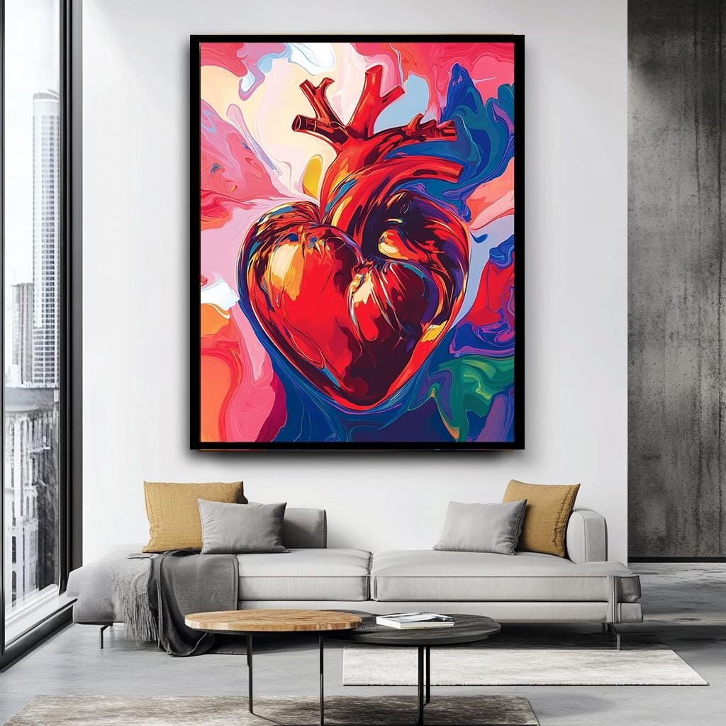 Vibrant Heart Wall Art, Bold Anatomical Heart Canvas Print, Colorful A