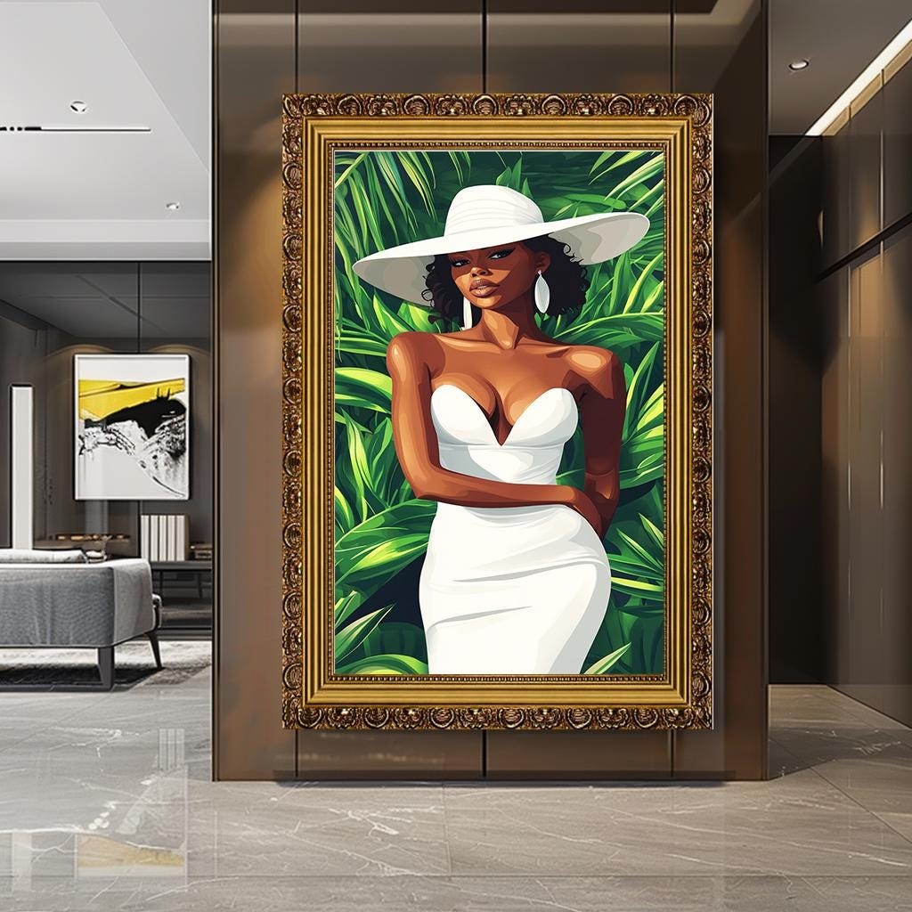 Elegant African Woman in White Dress Canvas Print, Bold Afrocentric Ar