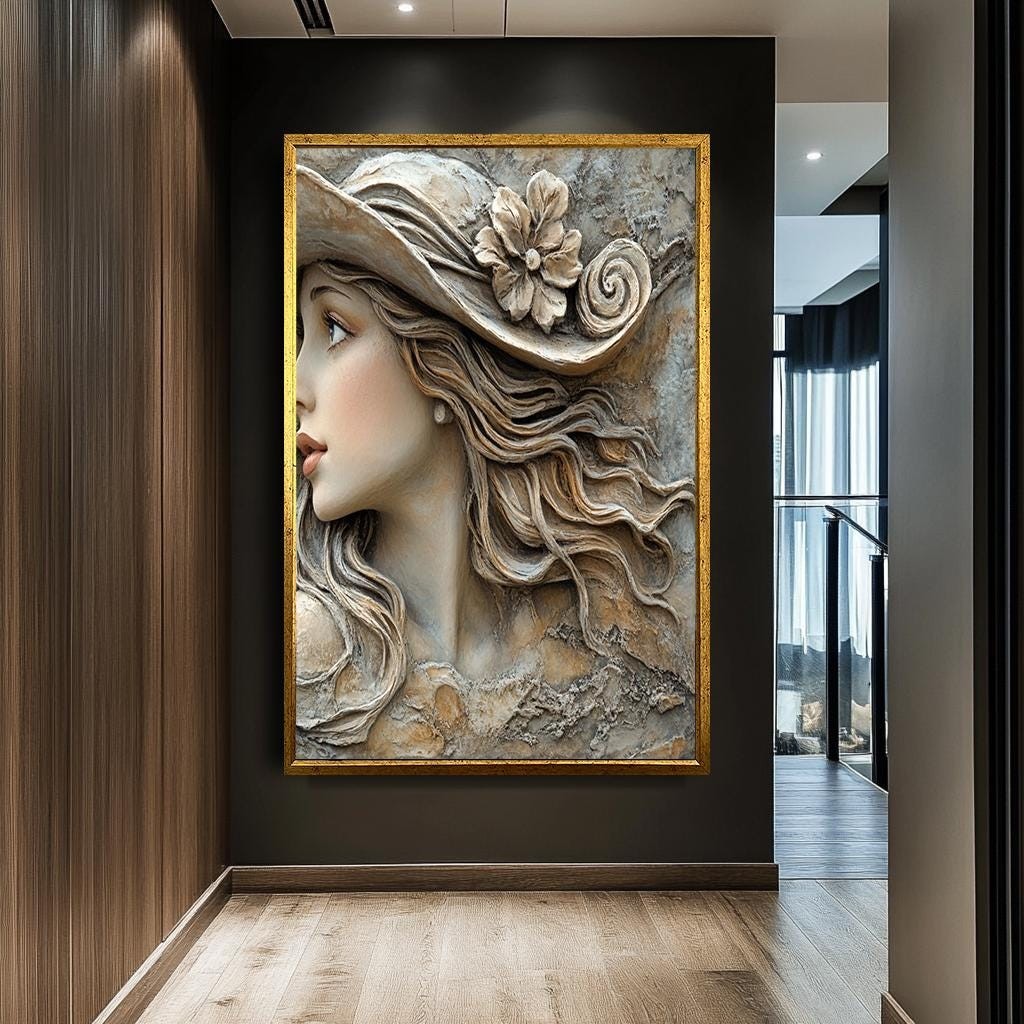 Vintage Woman Wall Art, 3D Textured Canvas, Elegant Lady in Hat, Roman