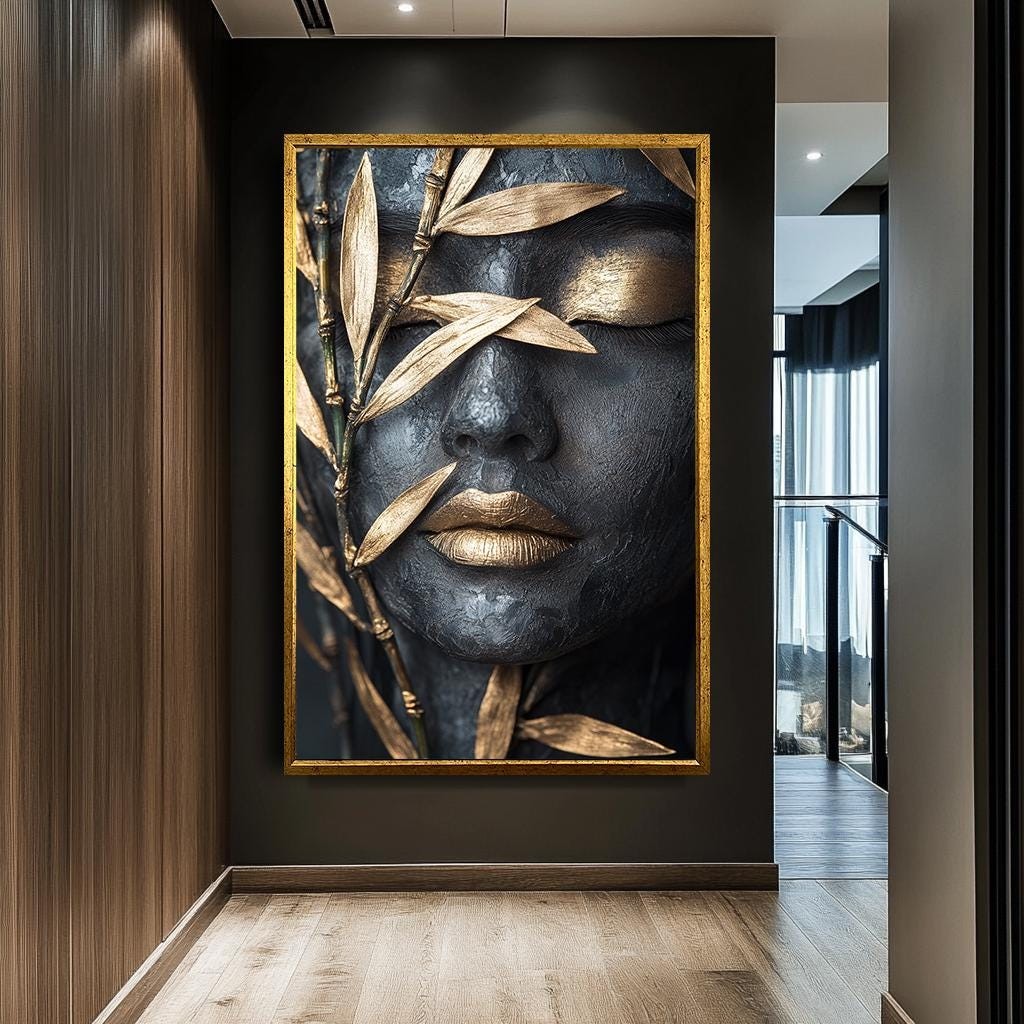 Abstract Gold and Black Woman Canvas Print, Elegant Textured Wall Art,