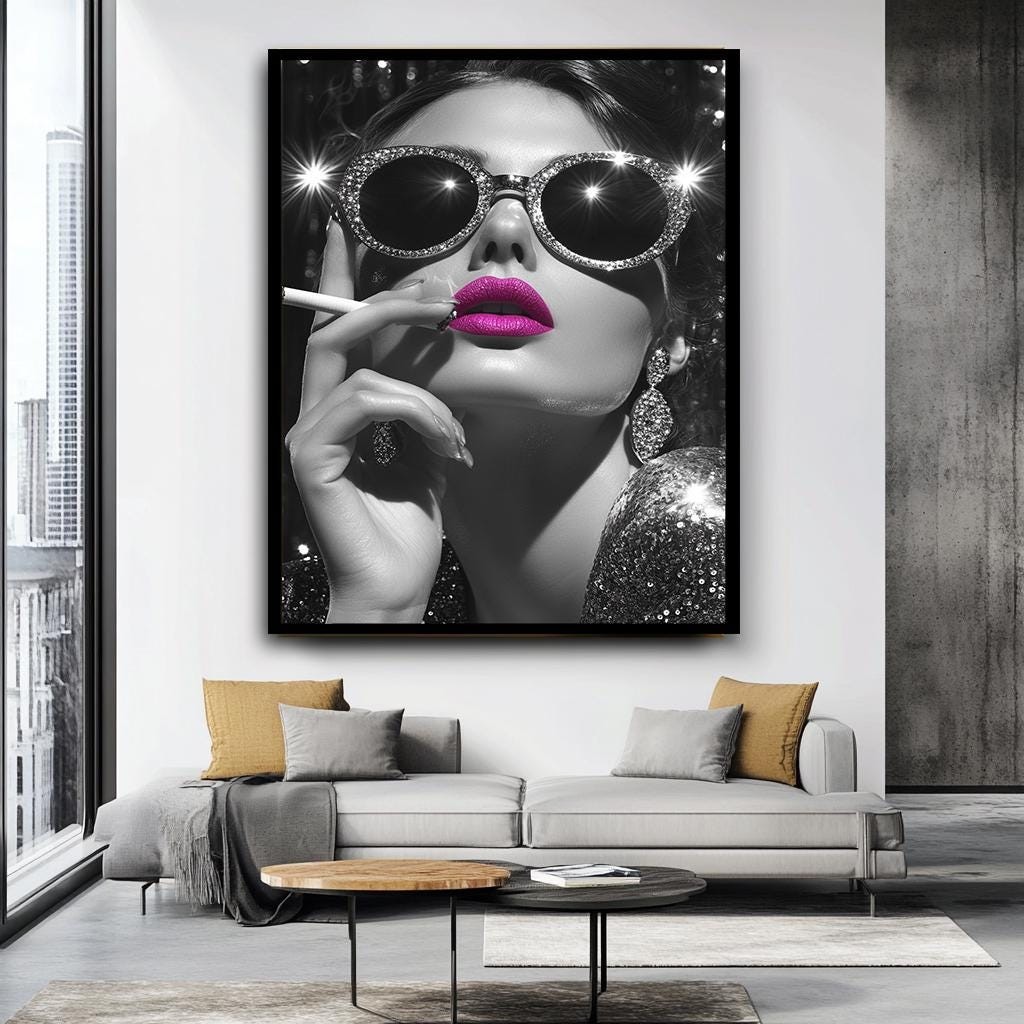 Glamorous Woman Wall Art with Pink Lips, Black and White Luxury Canvas