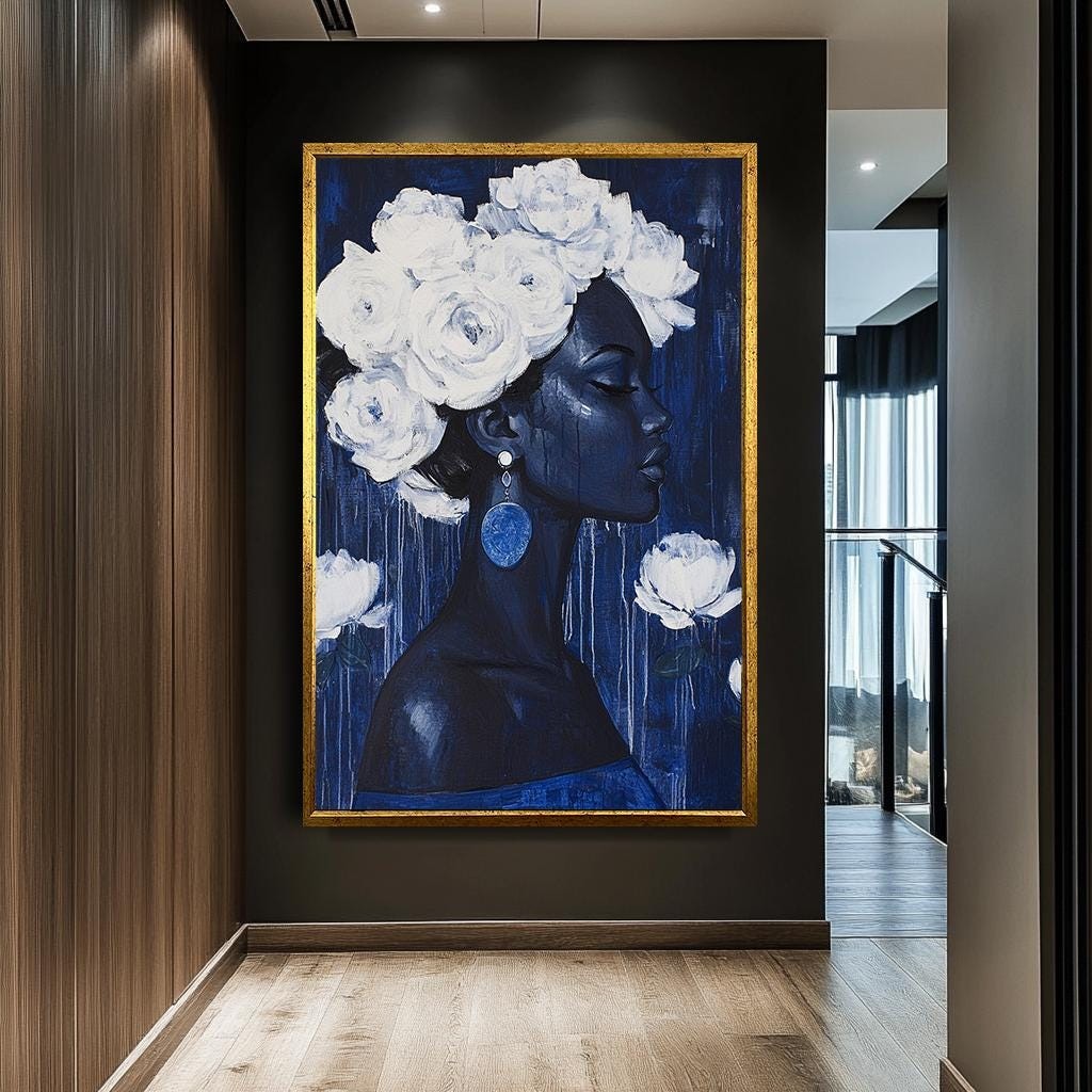 Elegant Blue Woman Portrait Canvas with White Roses, Modern Floral Art