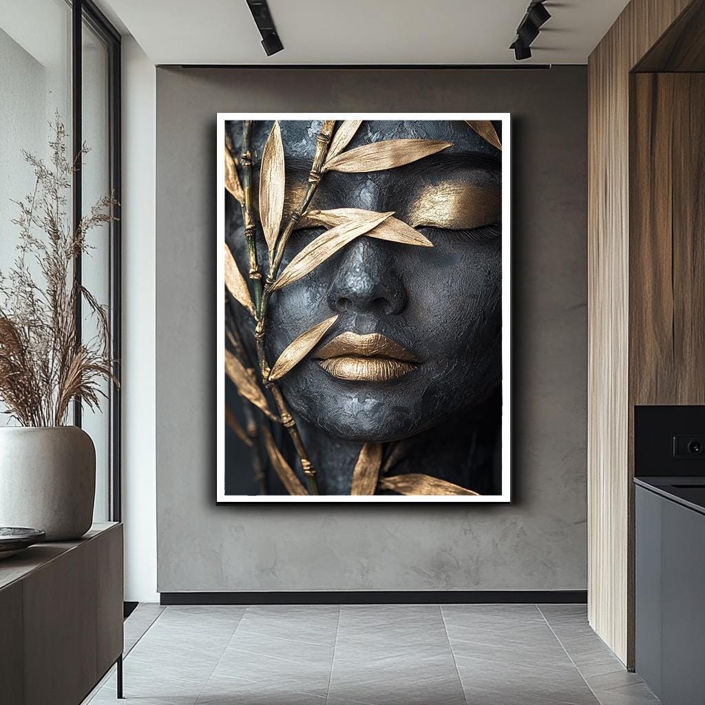 Abstract Gold and Black Woman Canvas Print, Elegant Textured Wall Art,