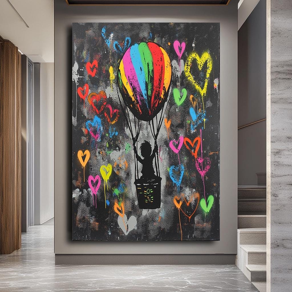 Colorful Banksy Wall Art,Hot Air Balloon Canvas,Banksy  Graffiti Art, 