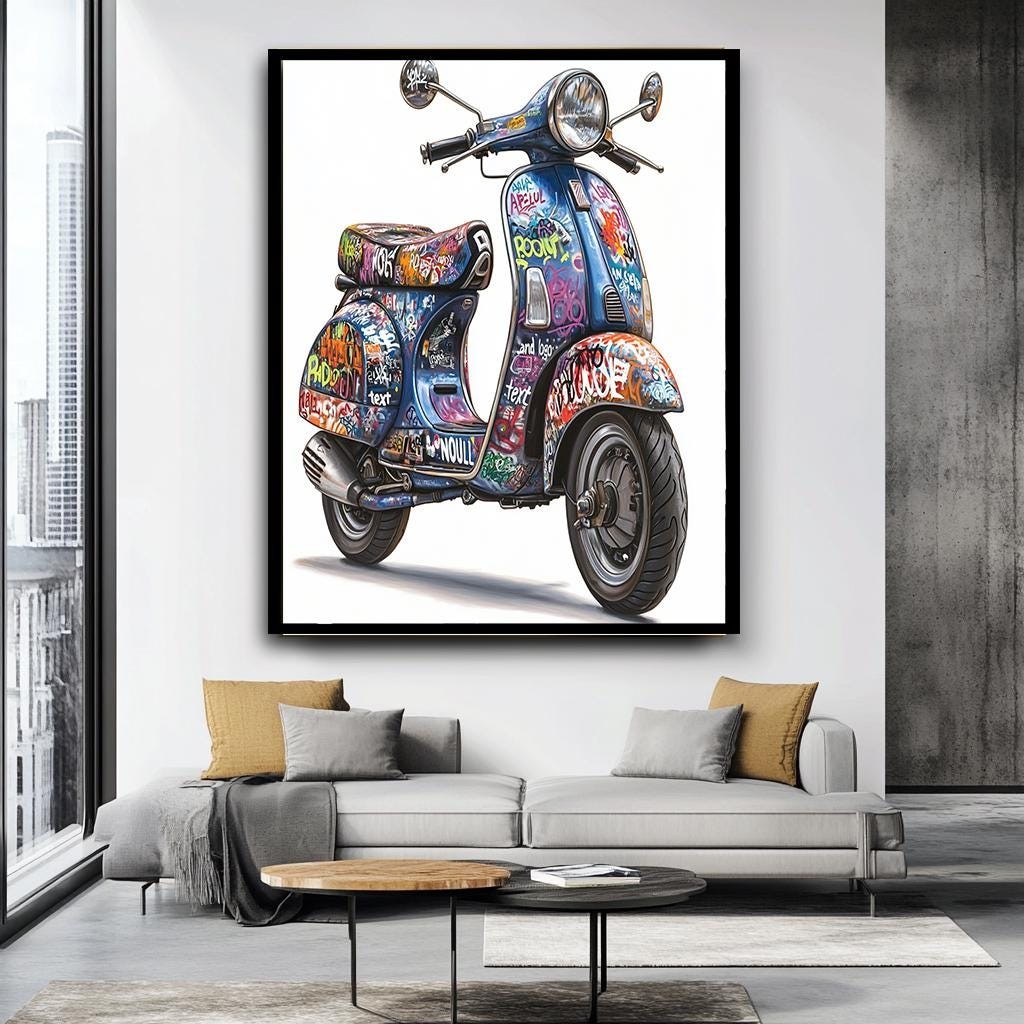 Vintage Graffiti Scooter Canvas Art – Unique Wall Art for Home Decor, 