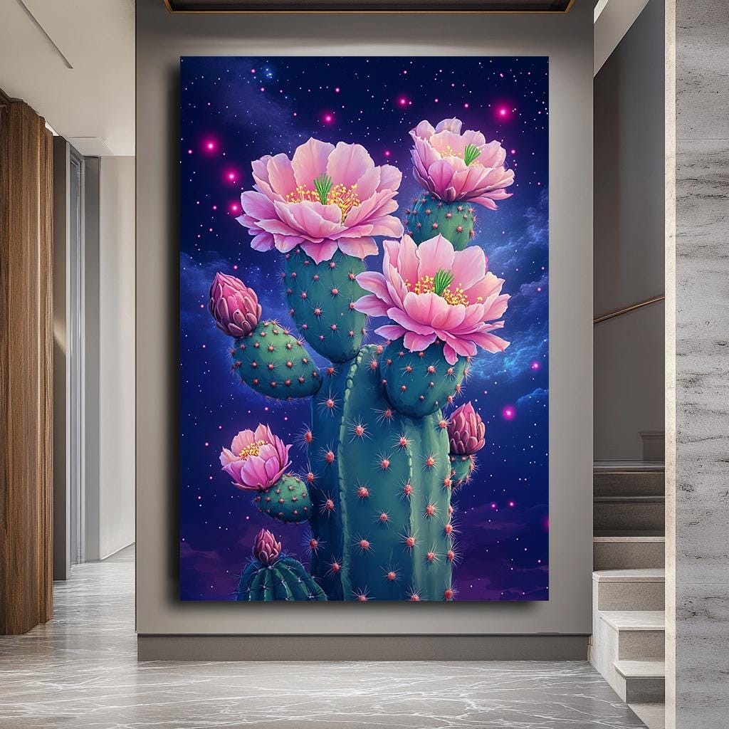 Cactus Flower Art Print, Neon Pink Floral Cactus Wall Art, Cosmic Dese