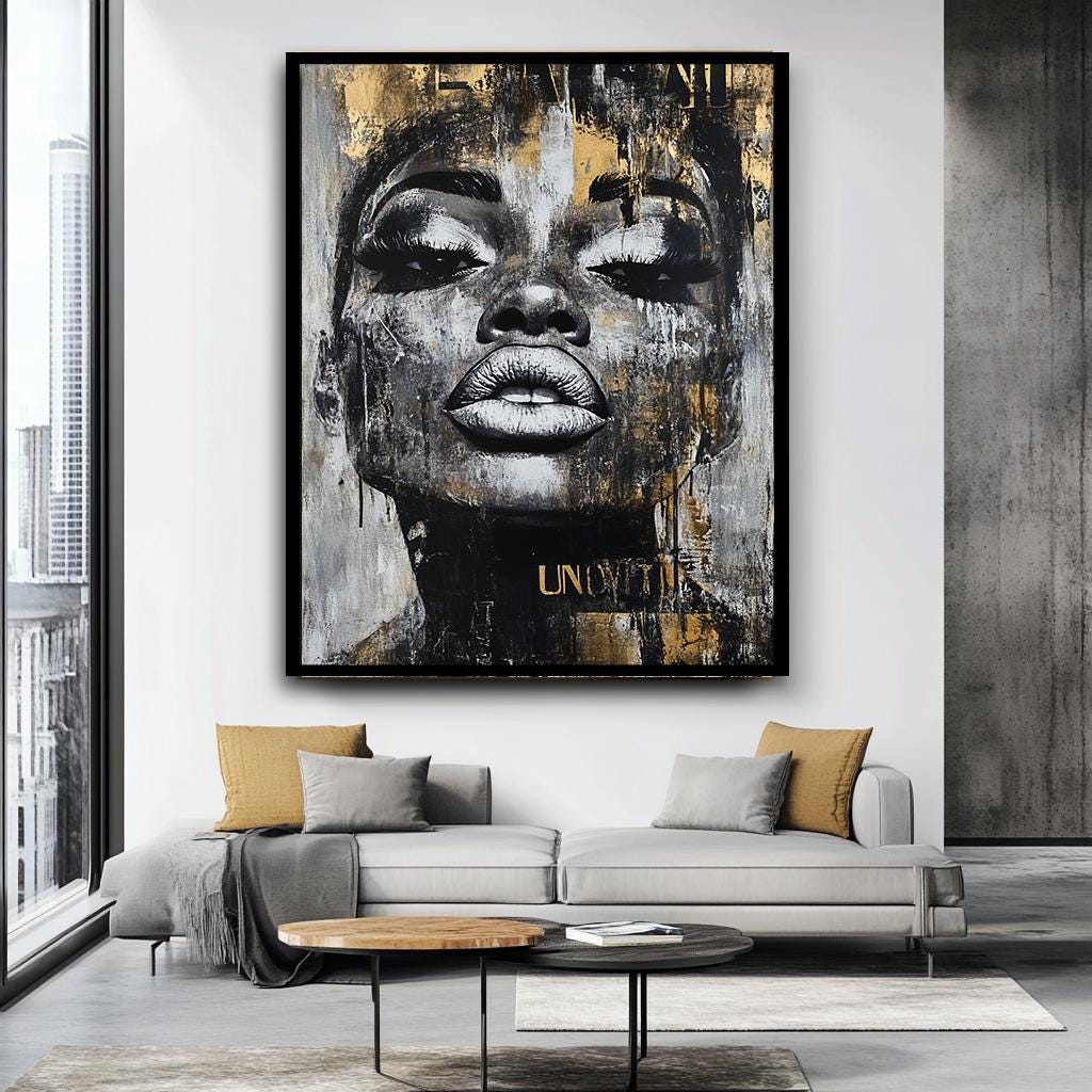 African Woman Portrait Wall Art, Abstract Female Face Canvas, Edgy Urb