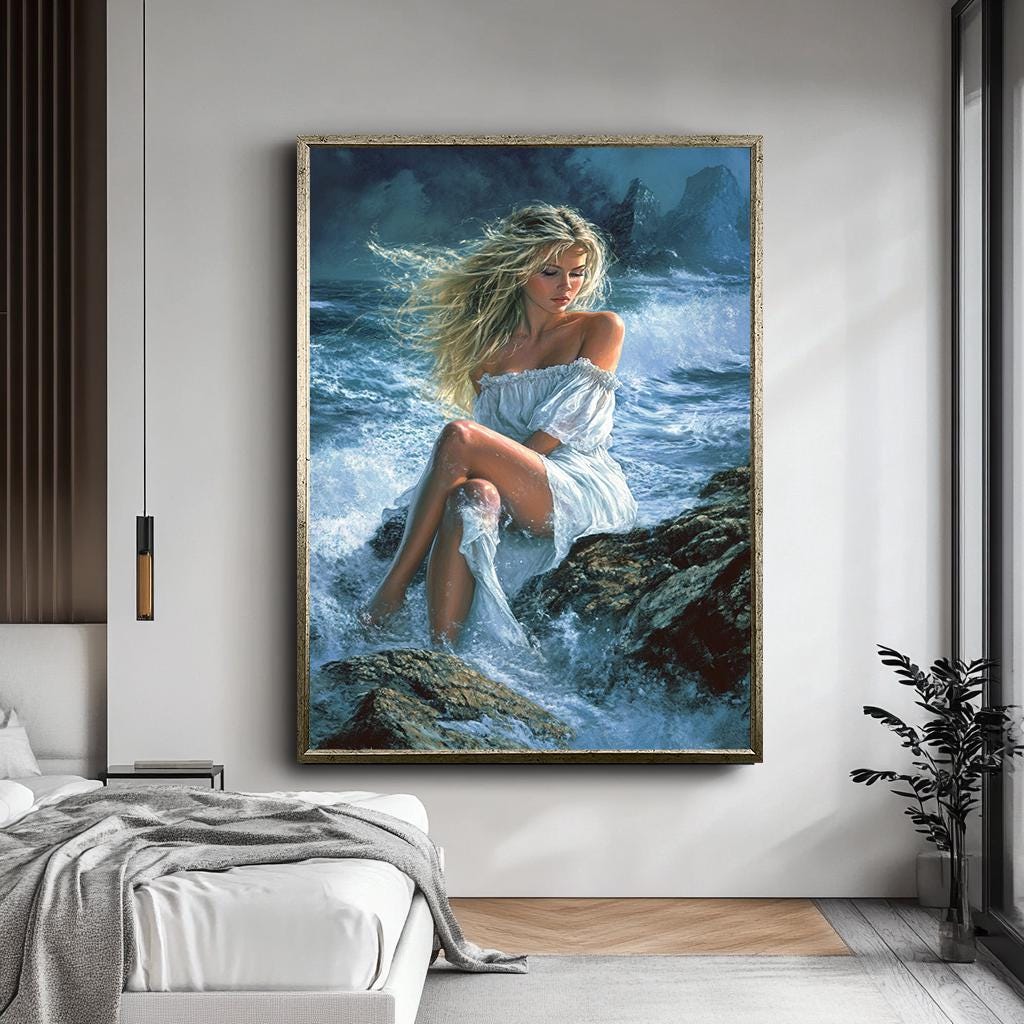 Romantic Woman on Rocks Canvas Art, Ocean Waves Wall Art, Serene Beach