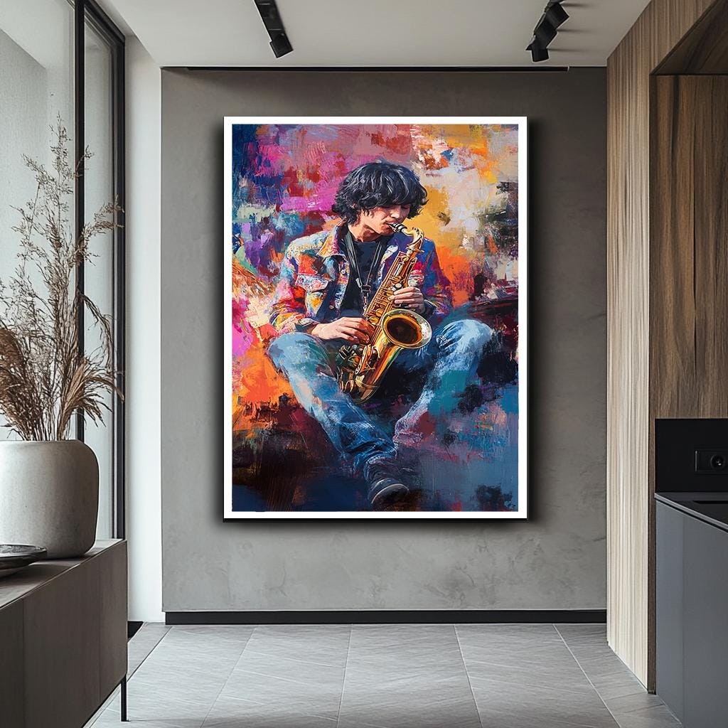 Colorful Saxophone Player Wall Art, Abstract Musician Canvas, Vibrant 