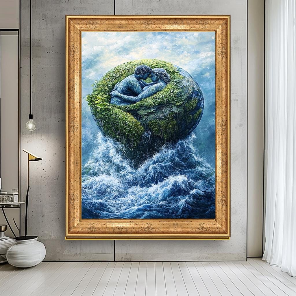 Nature Lovers Embrace Canvas Print - Romantic Earth and Water Artwork 