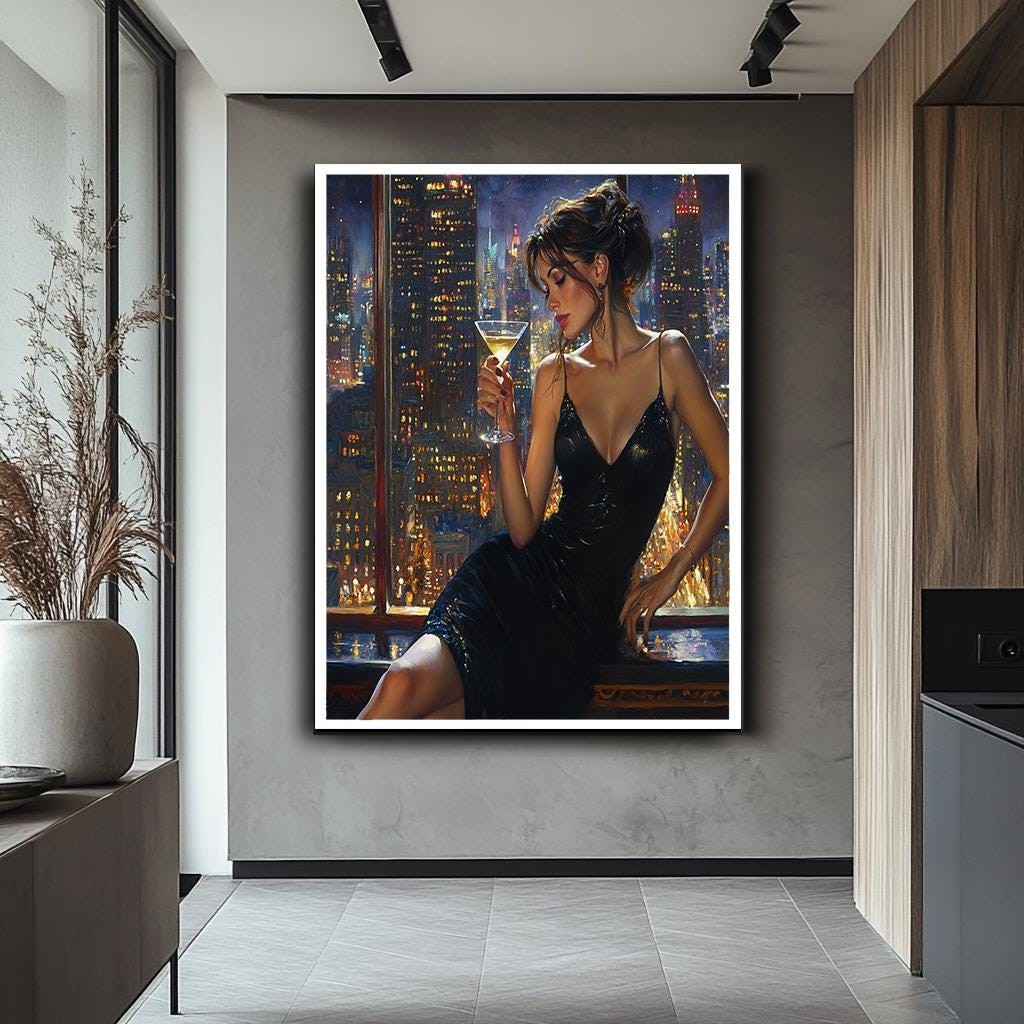 Woman in Black Dress Canvas Print, Sensual Cityscape Wall Art, Modern 