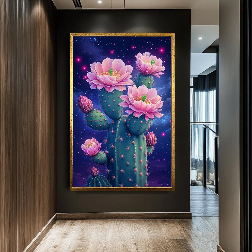 Cactus Flower Art Print, Neon Pink Floral Cactus Wall Art, Cosmic Dese