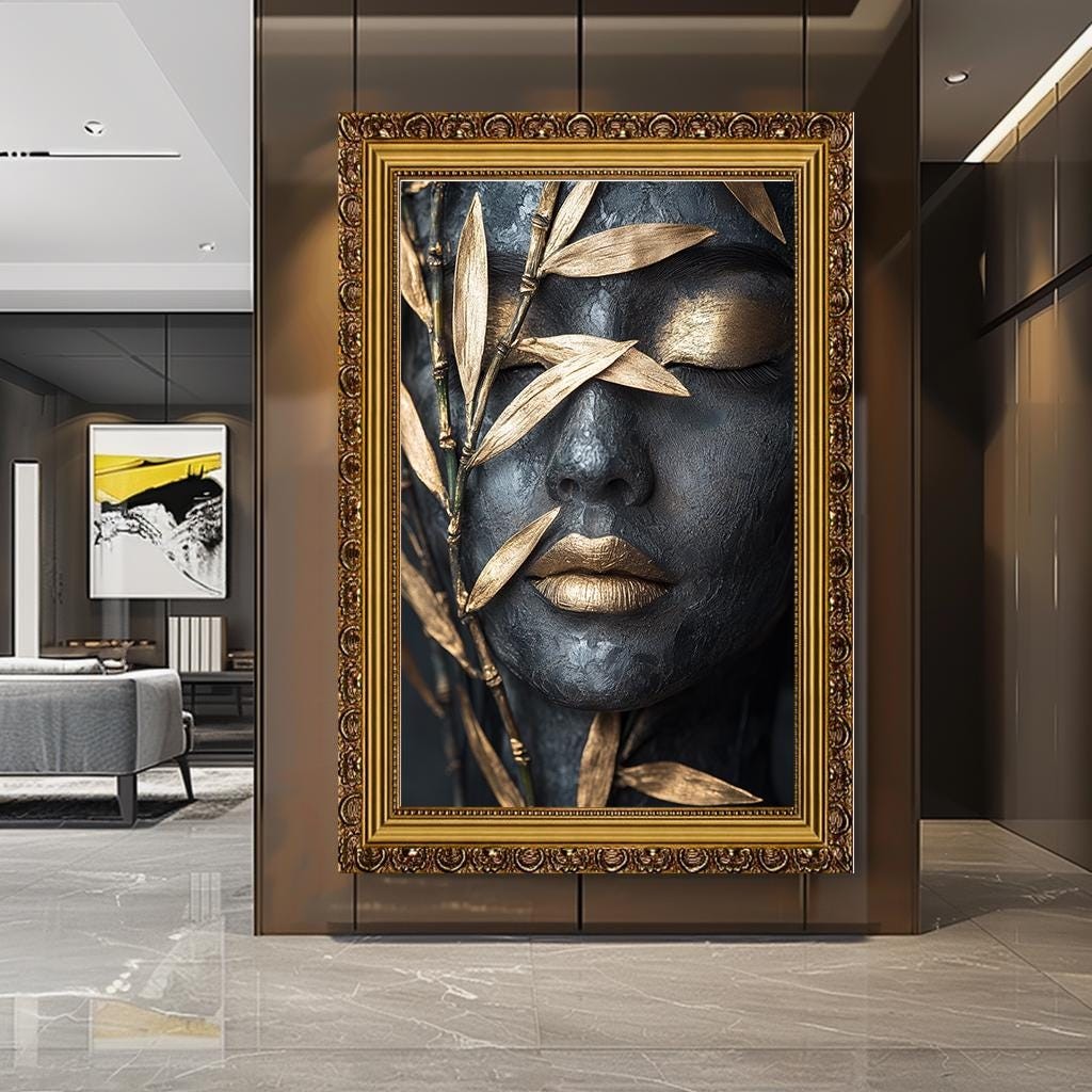 Abstract Gold and Black Woman Canvas Print, Elegant Textured Wall Art,