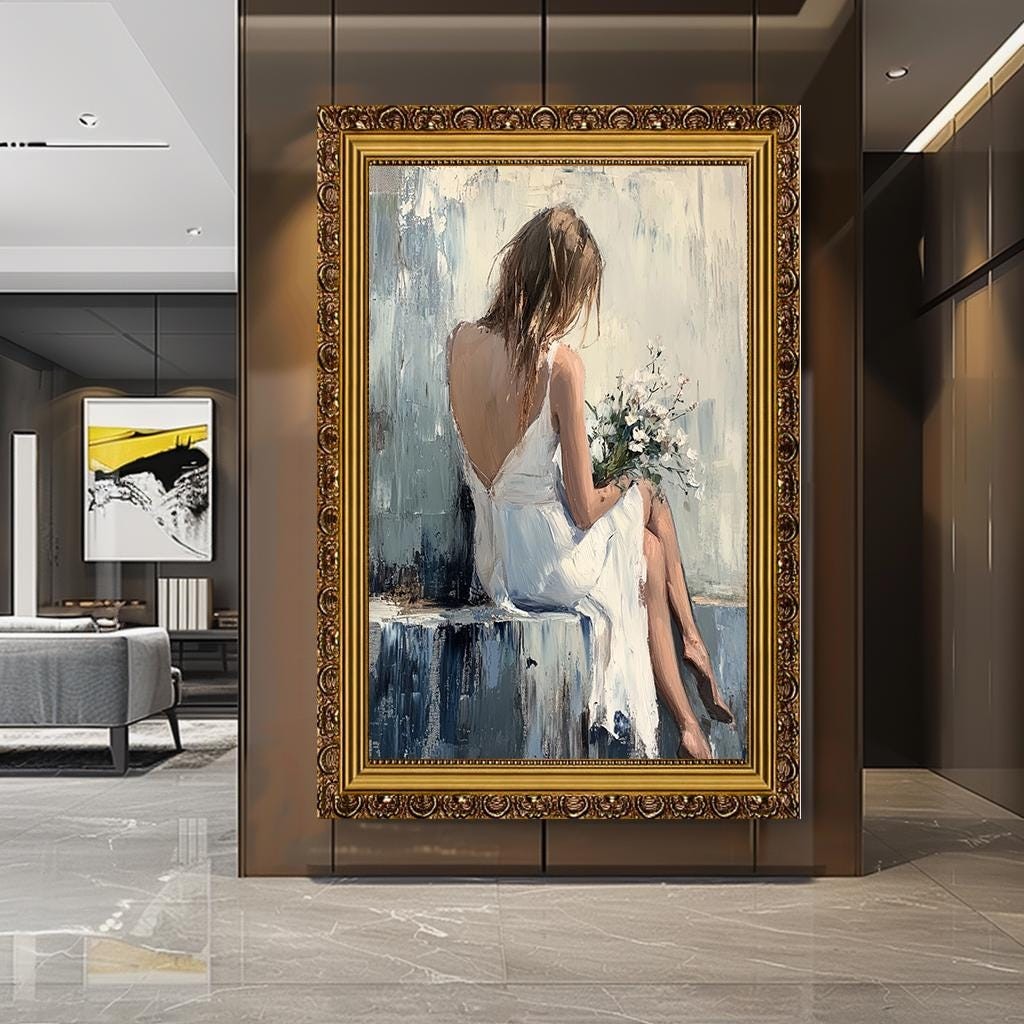 Serene Woman Canvas Art, Elegant Figure Holding Flowers, Large Abstrac