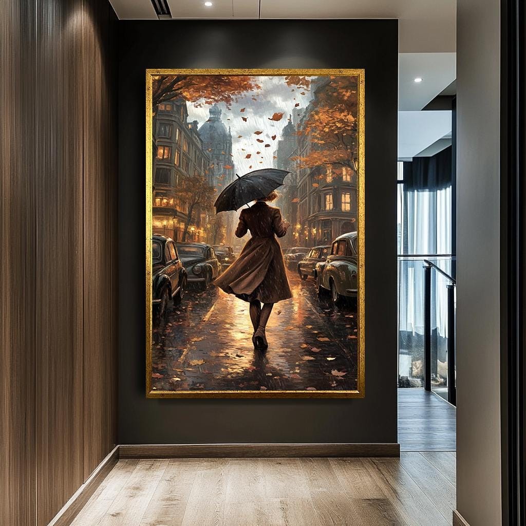 Rainy Street Scene Wall Art, Elegant Woman with Umbrella Canvas, Vinta