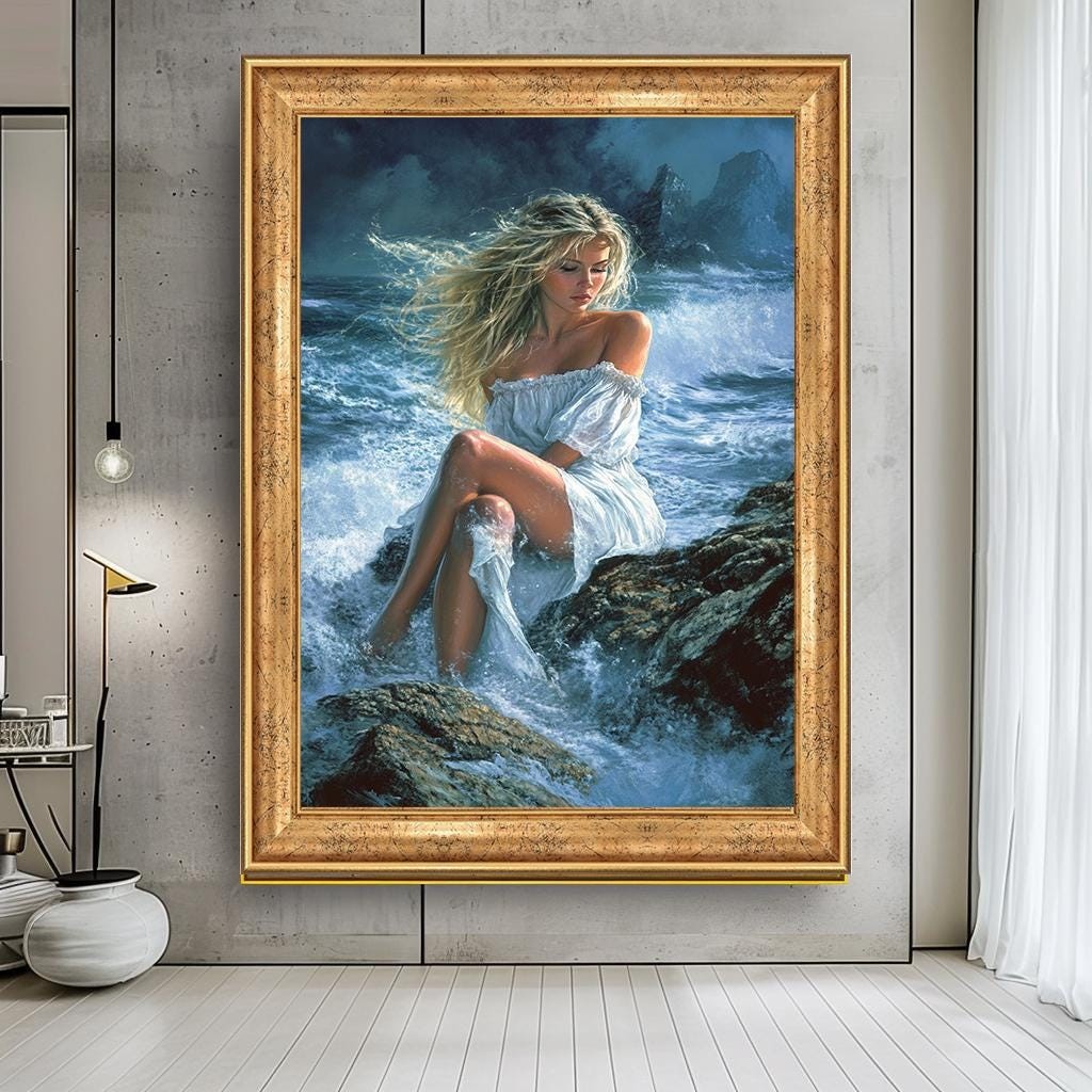 Romantic Woman on Rocks Canvas Art, Ocean Waves Wall Art, Serene Beach
