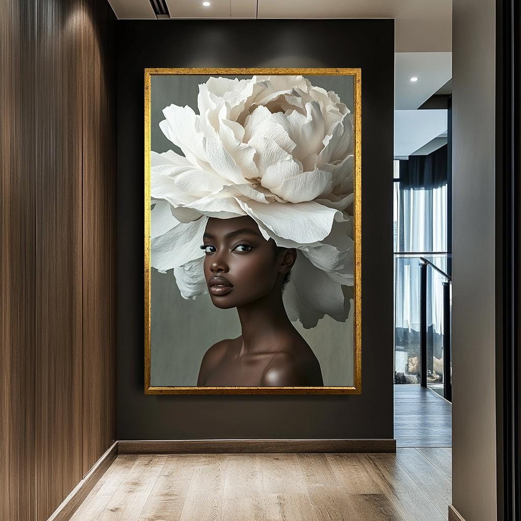 Çiçek Başlıklı Zarif Afrikalı Kadın Kanvas Tablo, Cesur Afrocentric Duvar Sanatı, Modern Moda Portre, Zarif Siyah Güzellik Sanat Eseri
