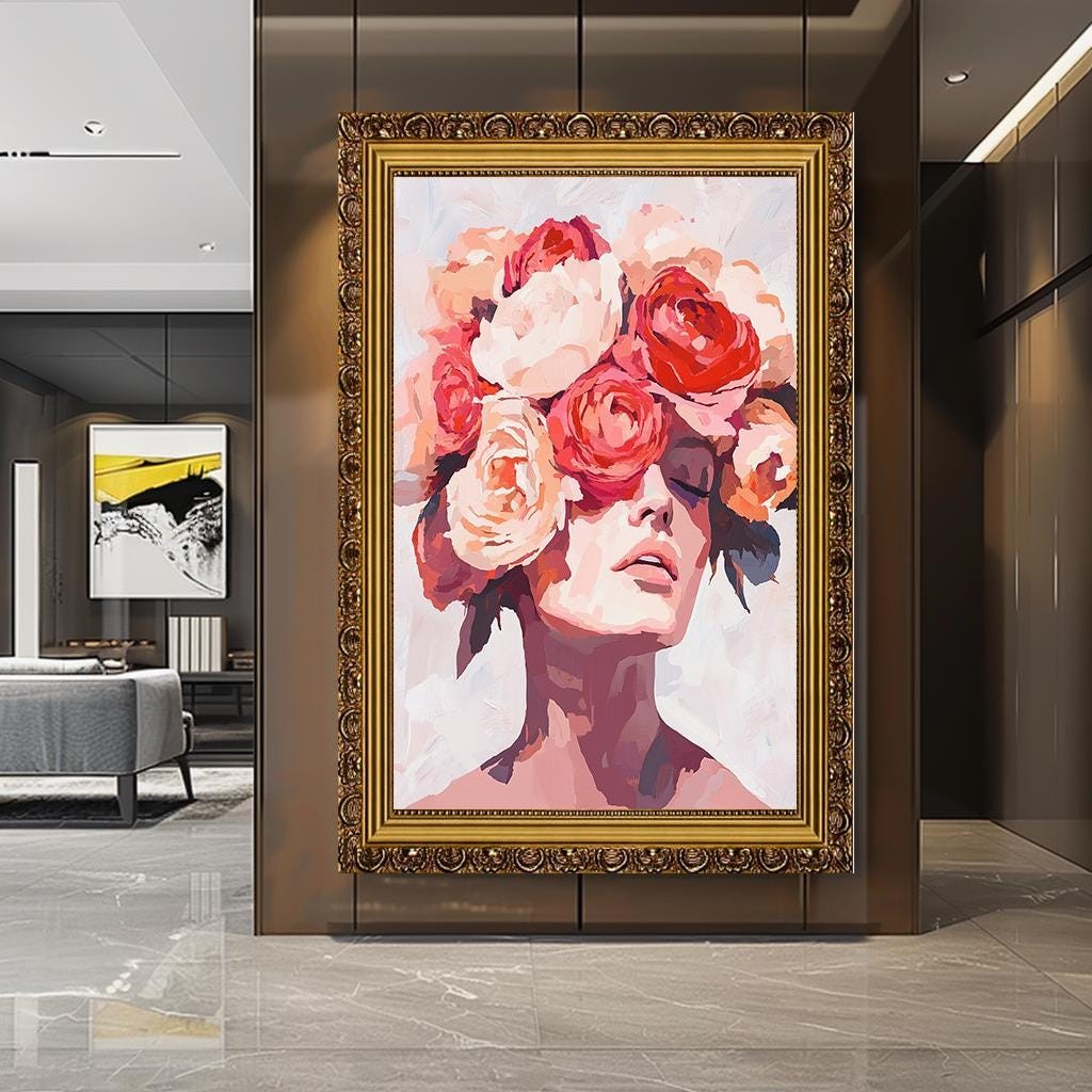 Abstract Floral Woman Portrait Wall Art, Modern Female Canvas Print, E