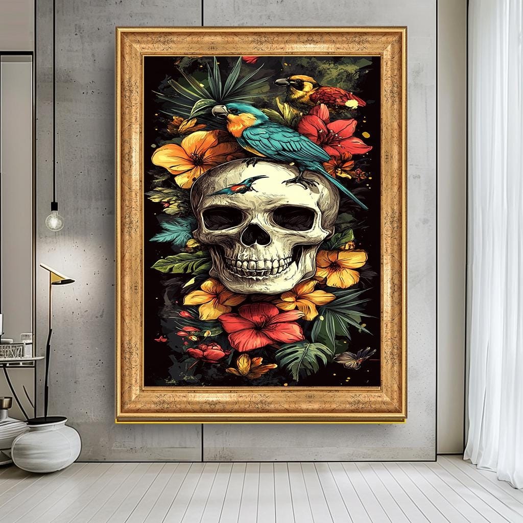 Skull and Parrots Canvas Art, Vibrant Floral Skull Artwork, Gothic Tro