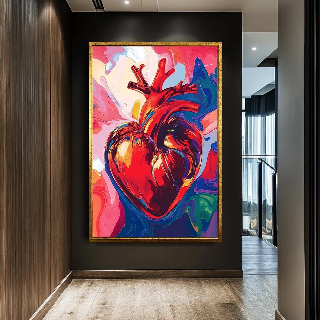Vibrant Heart Wall Art, Bold Anatomical Heart Canvas Print, Colorful A