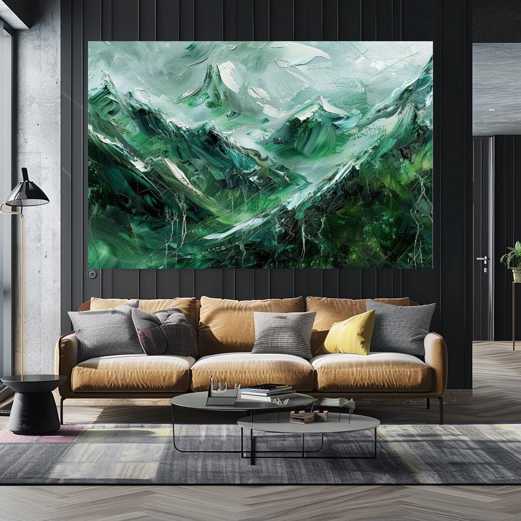 Large Canvas Print Mountain Landscape, Modern Abstract Wall Art, Green