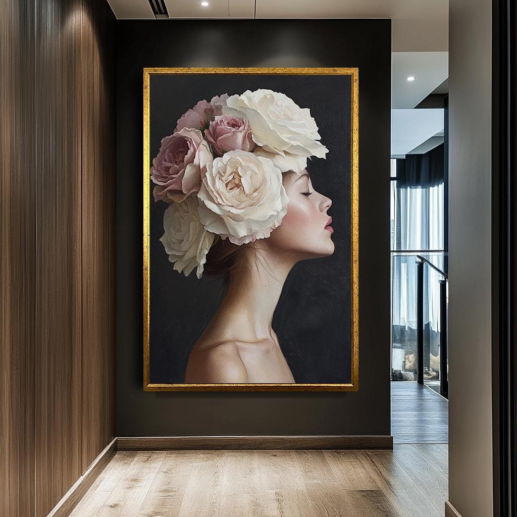 Elegant Woman with Flower Crown Wall Art, Feminine Floral Portrait Can