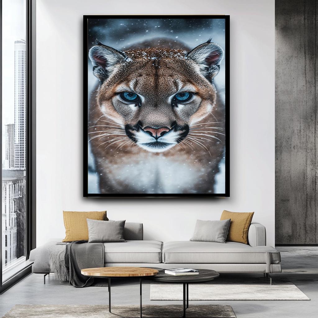 Snow Leopard Wall Art, Fierce Mountain Lion Canvas, Wild Animal Portra