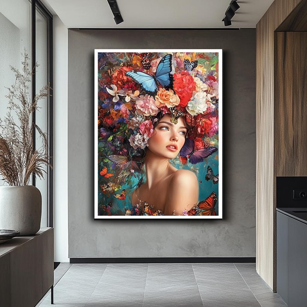 Floral Butterfly Woman Portrait Art, Colorful Nature-Inspired Canvas, 
