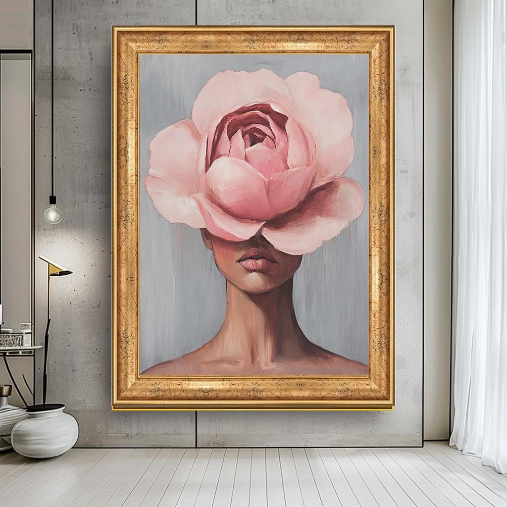 Floral Face Wall Art, Minimalist Woman with Pink Flower Canvas, Abstra