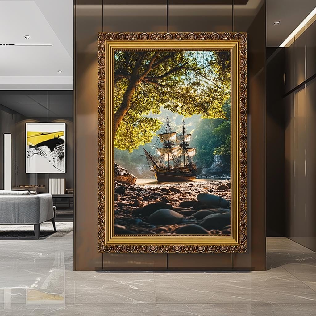 Vintage Ship in Forest Cove Wall Art – Scenic Nautical Canvas Print wi