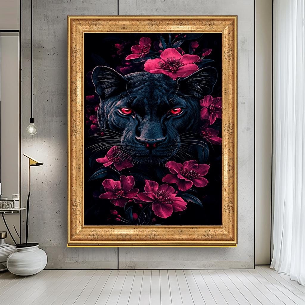 Black Panther with Red Eyes and Floral Accents Canvas Print, Dark and 