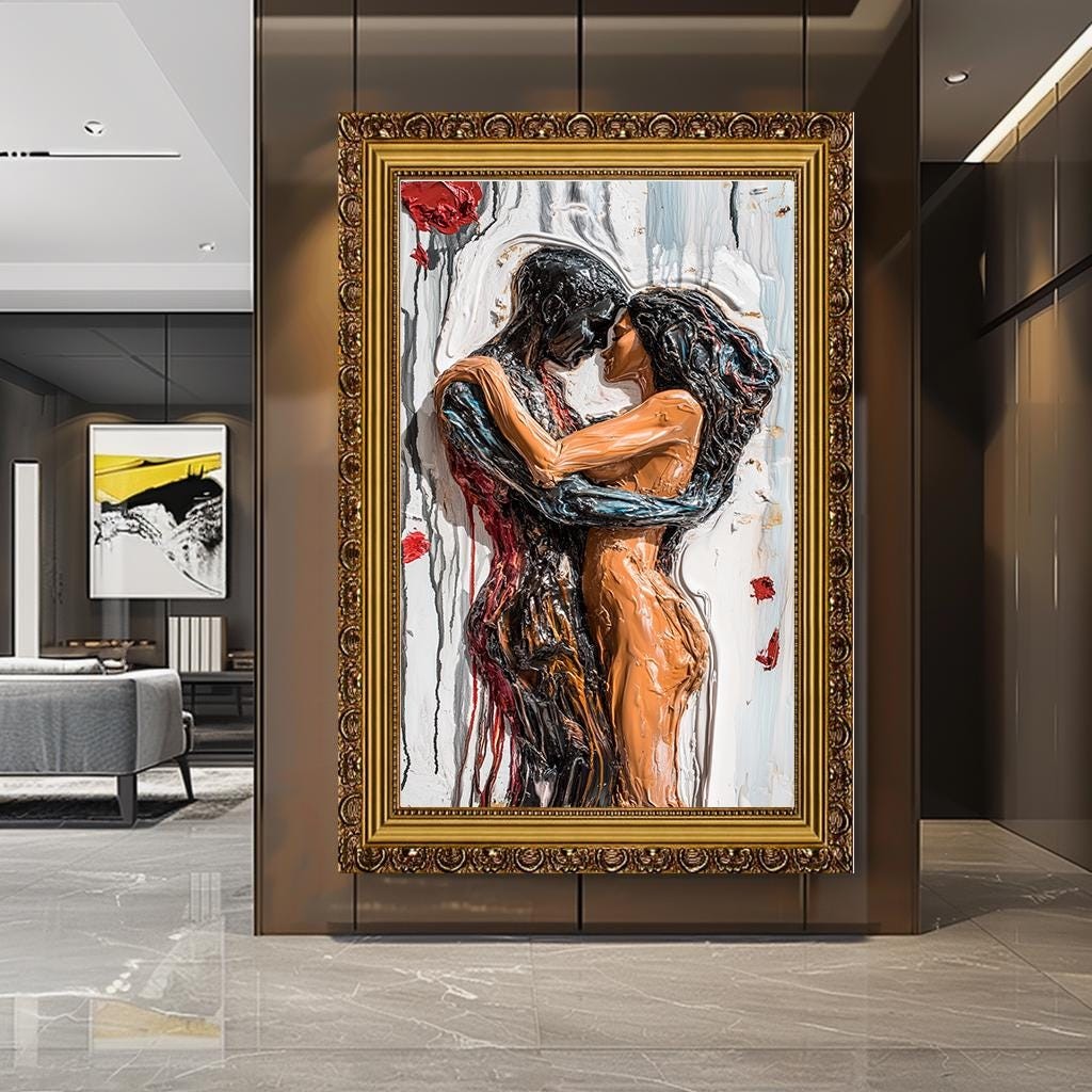 Romantic Couple Abstract Canvas Print, Passionate Lovers Wall Art, Mod