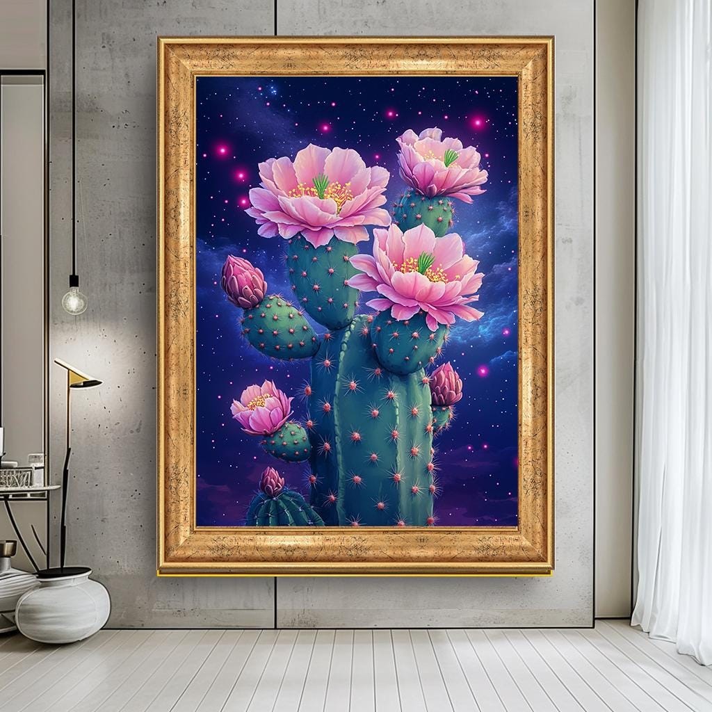 Cactus Flower Art Print, Neon Pink Floral Cactus Wall Art, Cosmic Dese