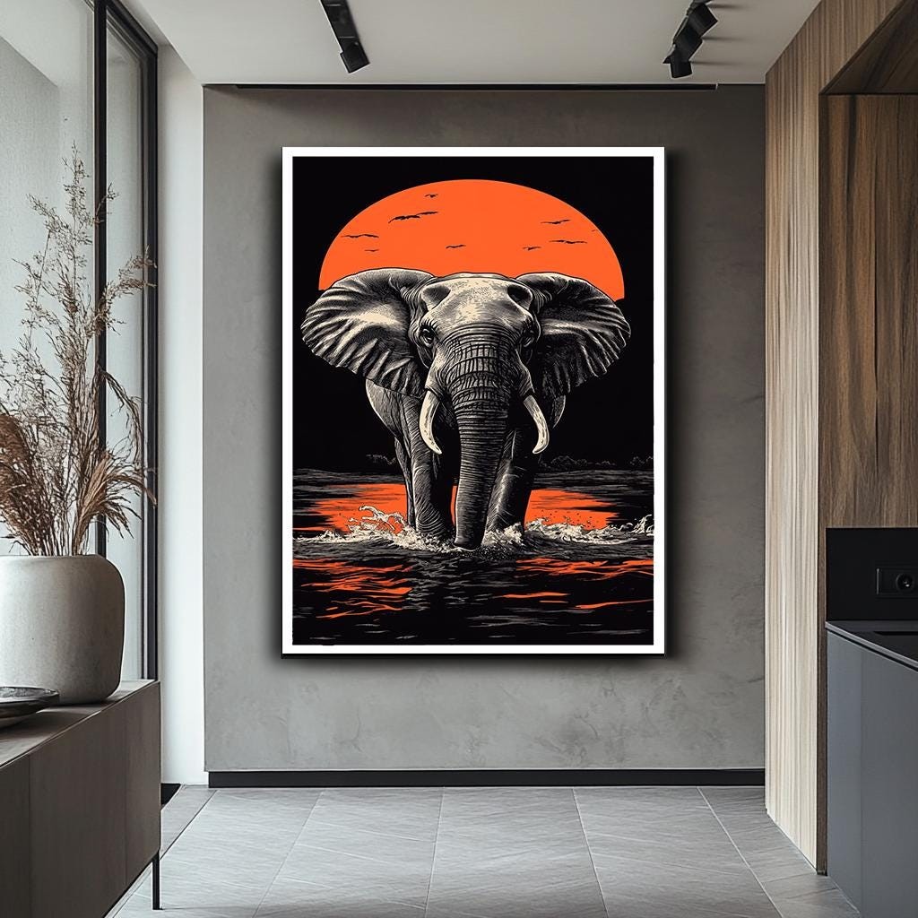 Majestic Elephant Sunset Wall Art, Bold African Wildlife Canvas, Vibra