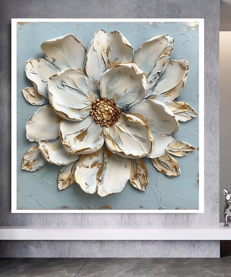 3D White Flower Canvas Wall Art - Elegant Textured Floral Painting wit