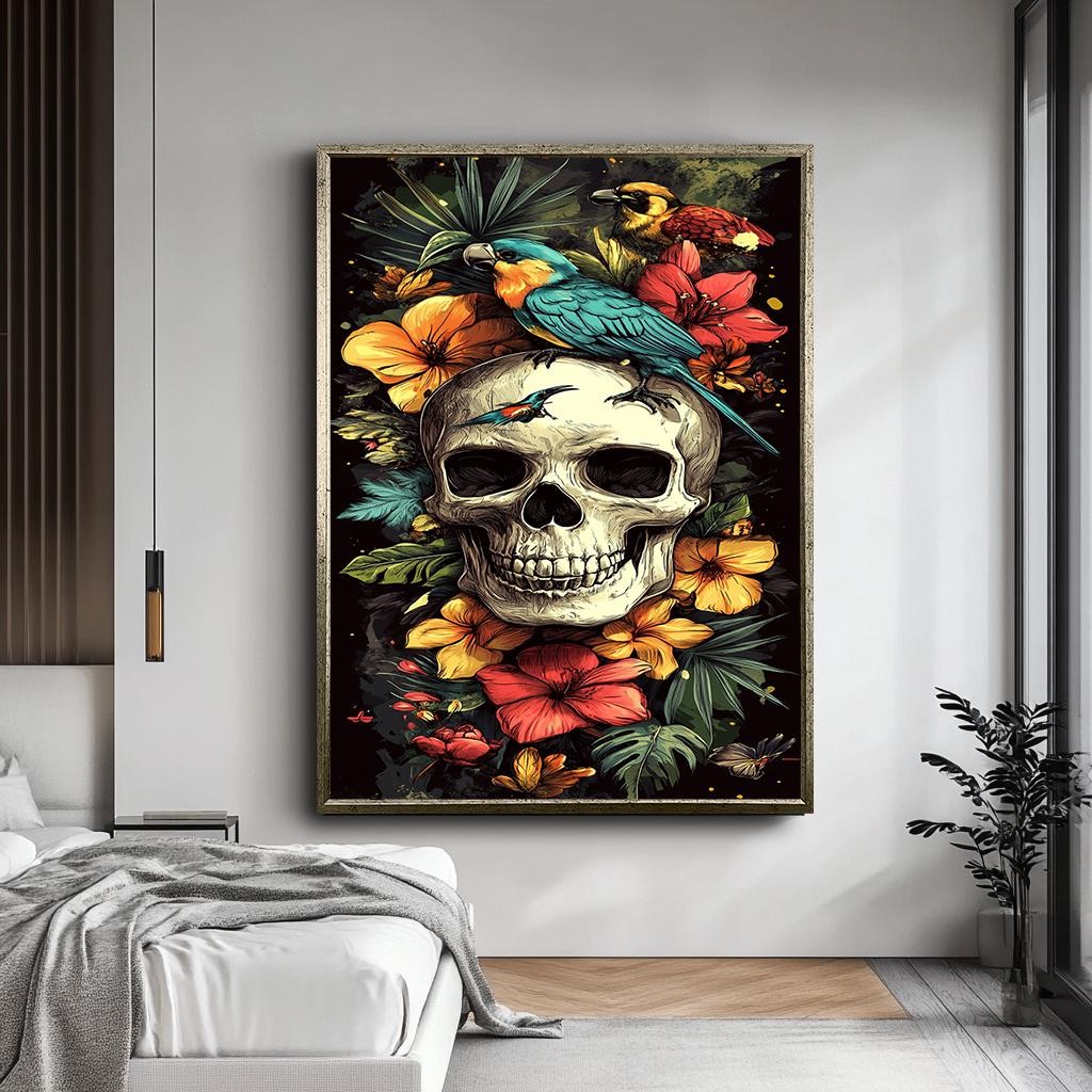 Skull and Parrots Canvas Art, Vibrant Floral Skull Artwork, Gothic Tro