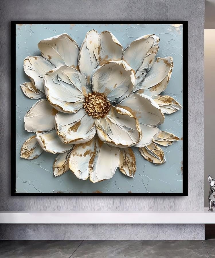 3D White Flower Canvas Wall Art - Elegant Textured Floral Painting wit