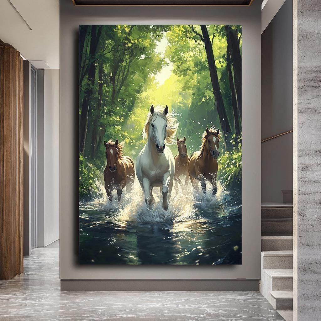 Majestic Horses Running Through Water Canvas Art, Nature-Inspired Anim