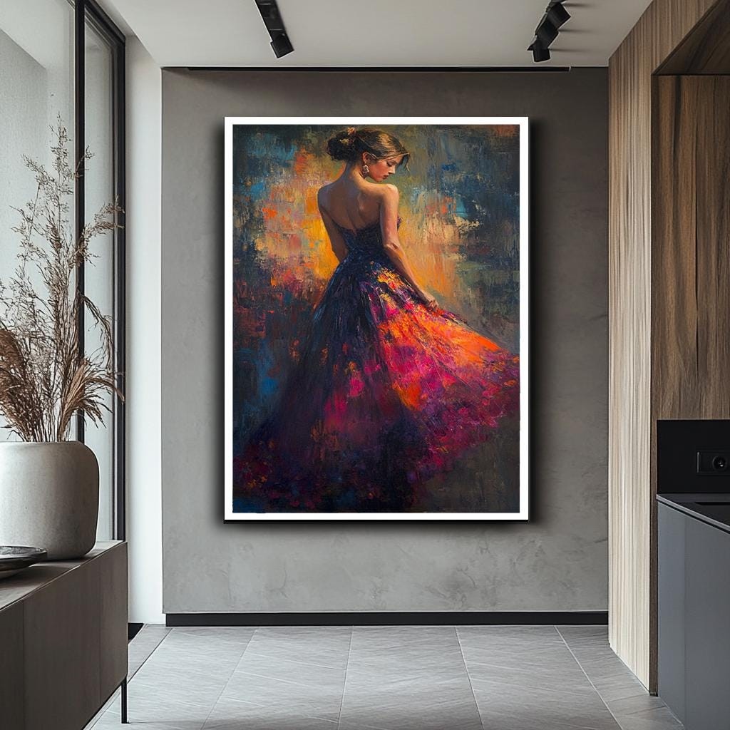 Woman in Flowing Dress Canvas Print, Vibrant Impressionist Painting, M