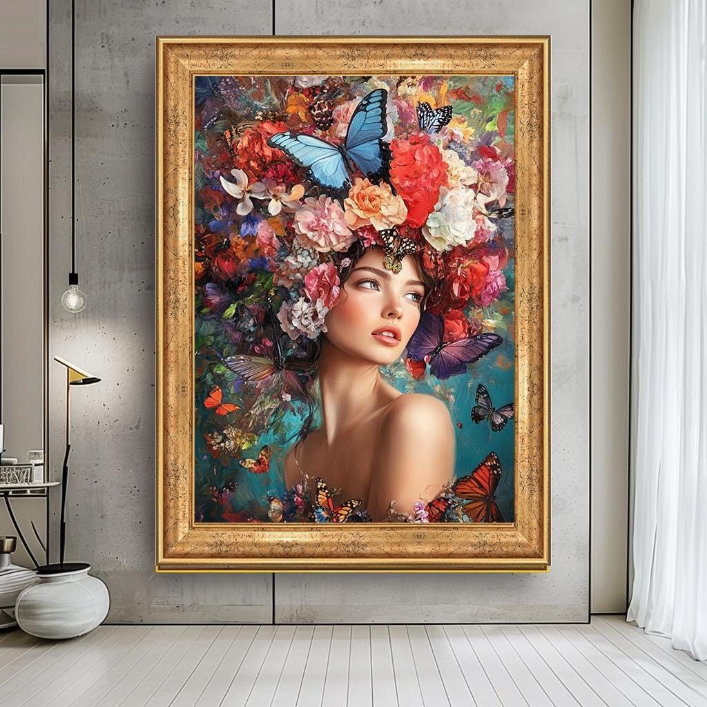 Floral Butterfly Woman Portrait Art, Colorful Nature-Inspired Canvas, 