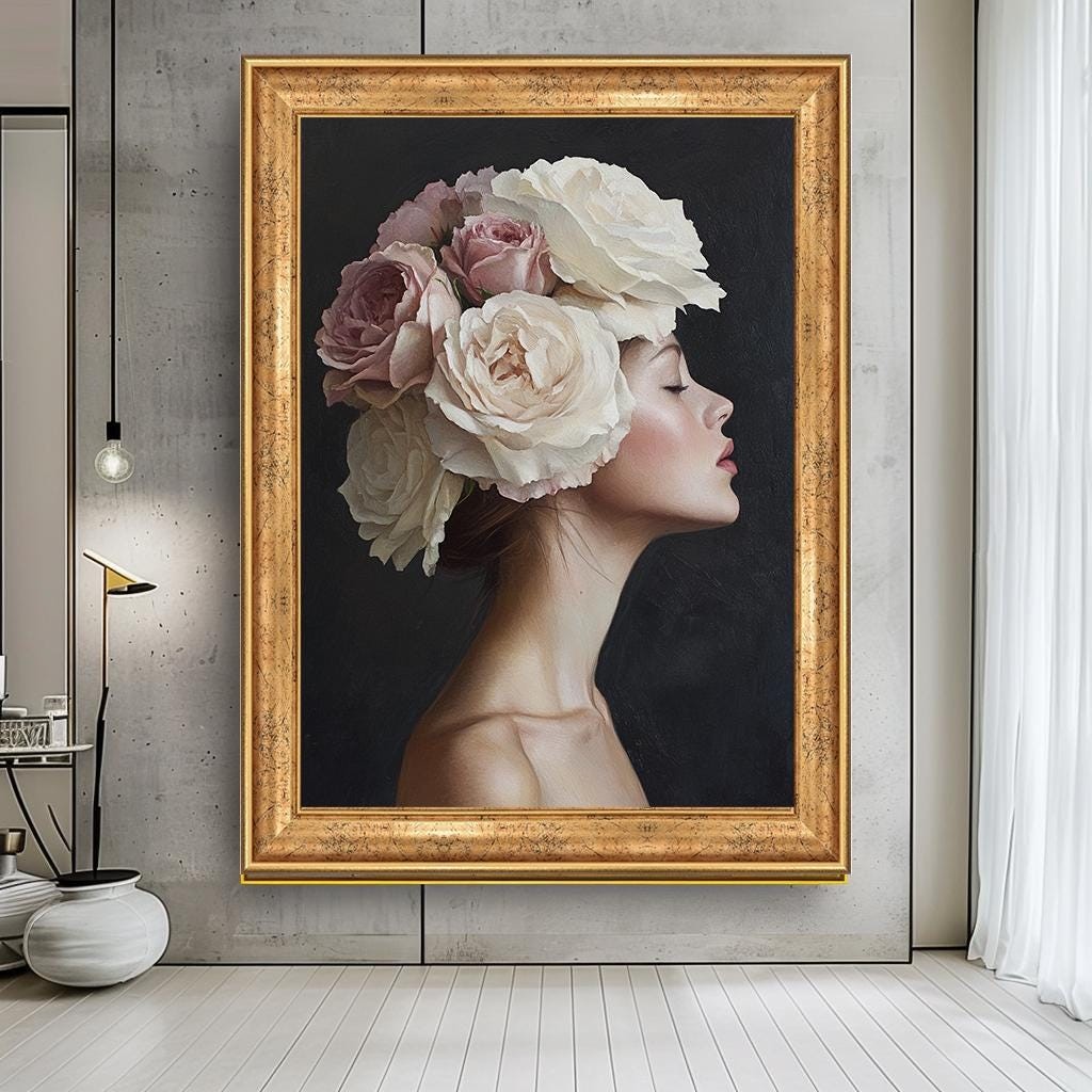 Elegant Woman with Flower Crown Wall Art, Feminine Floral Portrait Can