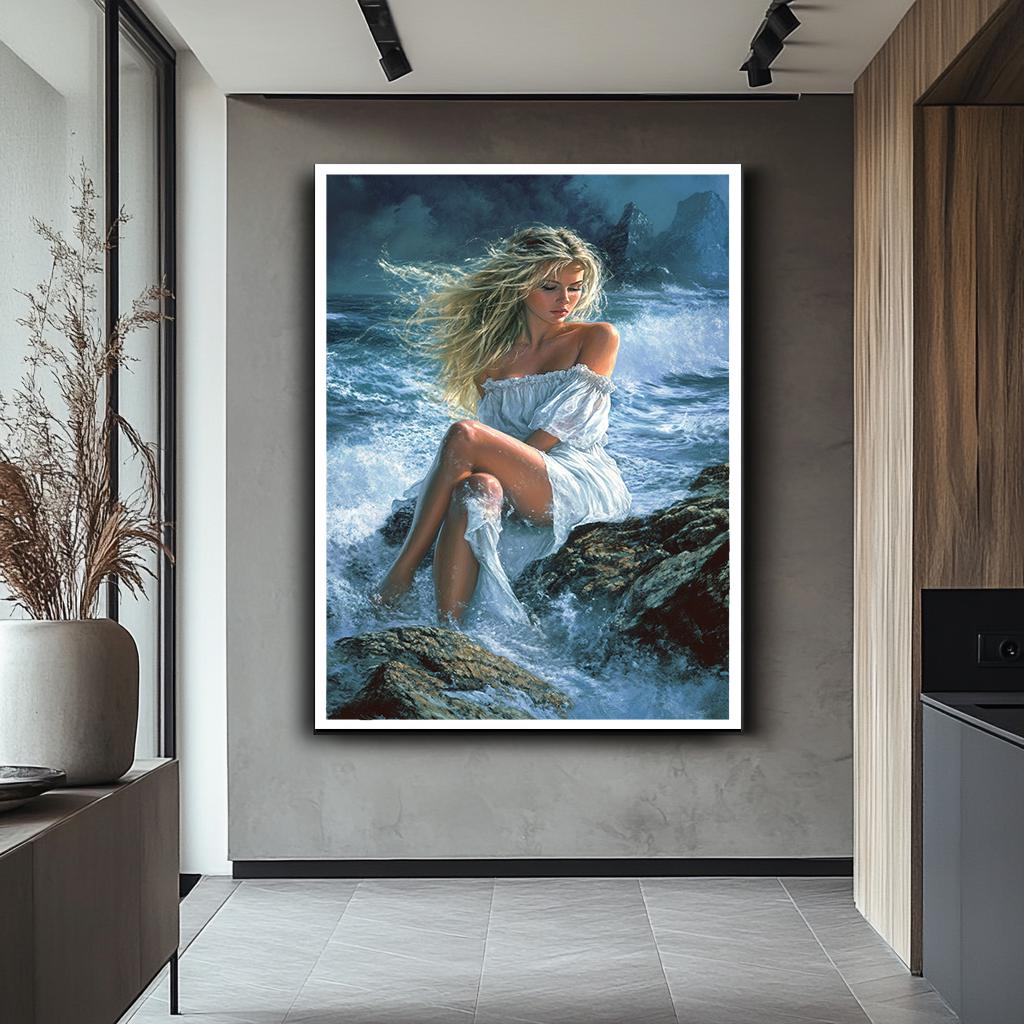 Romantic Woman on Rocks Canvas Art, Ocean Waves Wall Art, Serene Beach